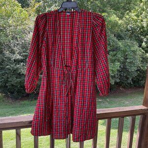 Old Navy Red Puff-Sleeve Plaid Seersucker Mini Wrap Dress Sz Large Holiday